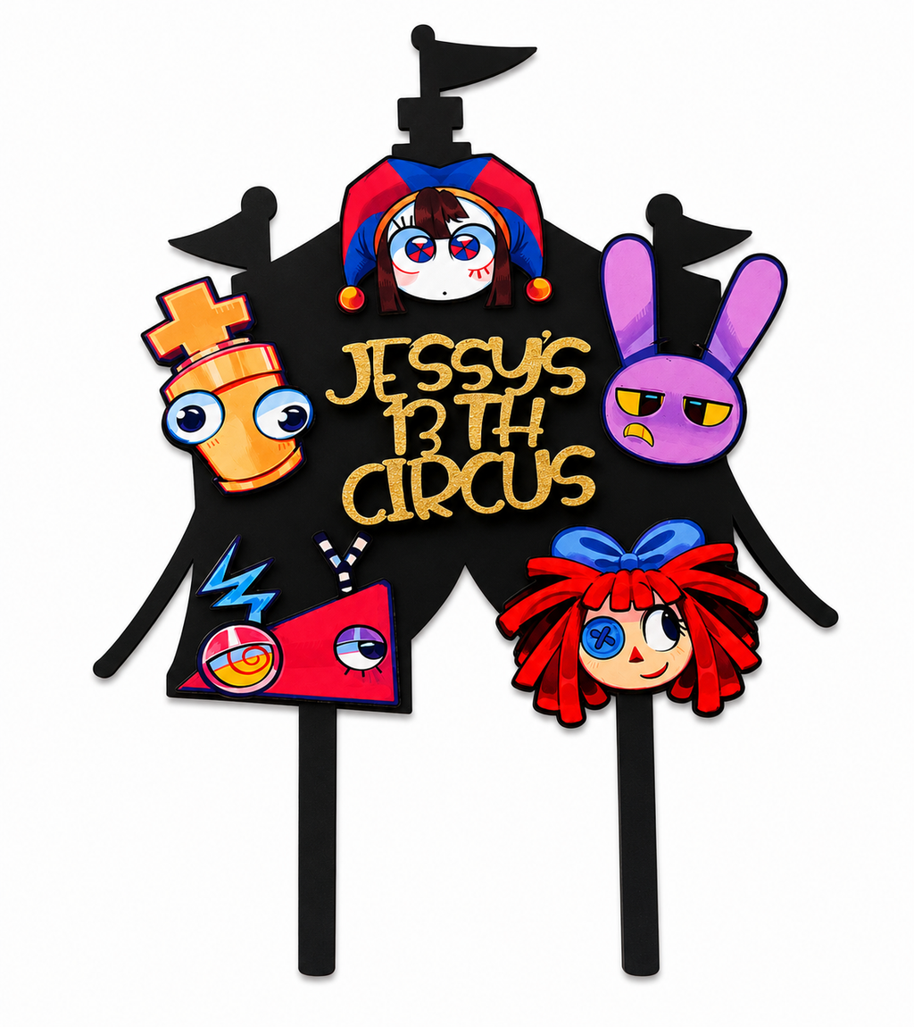 Personalized Digital Circus-Inspired Cake Topper | Custom Name & Age Birthday Topper | Colorful Digital Circus Party Cake Decoration