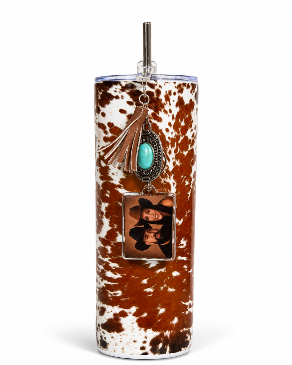 Longhorn Print 20 oz tumbler with Turquoise/Leatherette and personalized photo charm