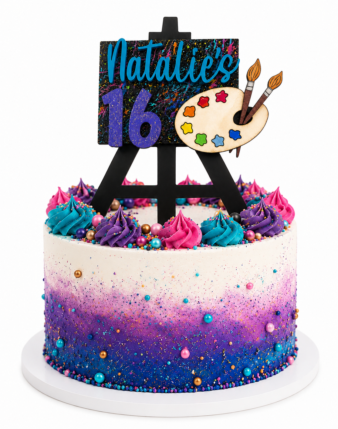 Personalized Art Party Cake Topper - Hand Painted Canvas with Name and Age