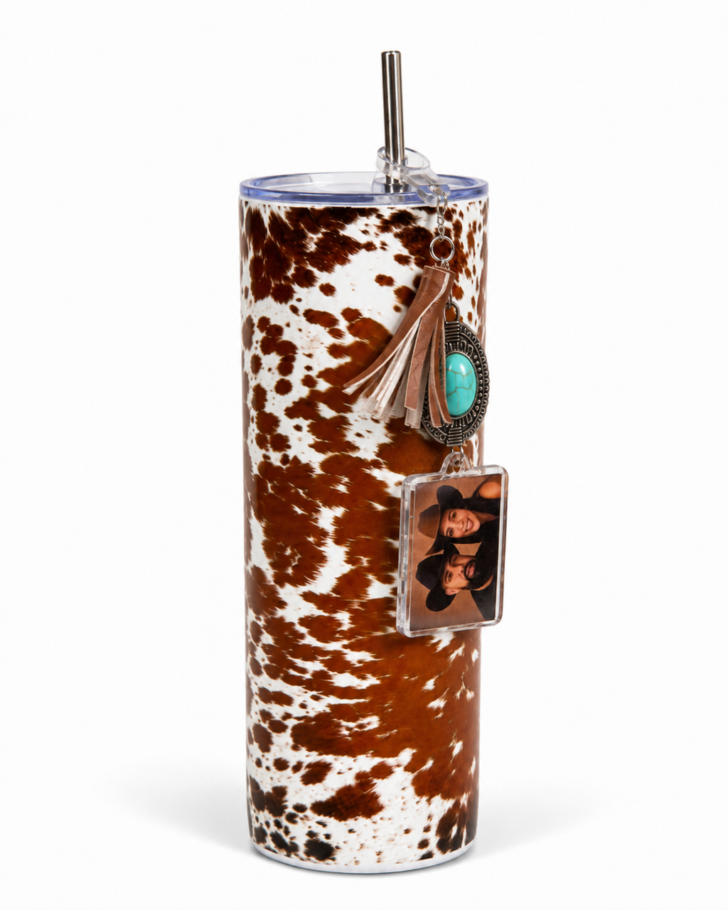 Longhorn Print 20 oz tumbler with Turquoise/Leatherette and personalized photo charm