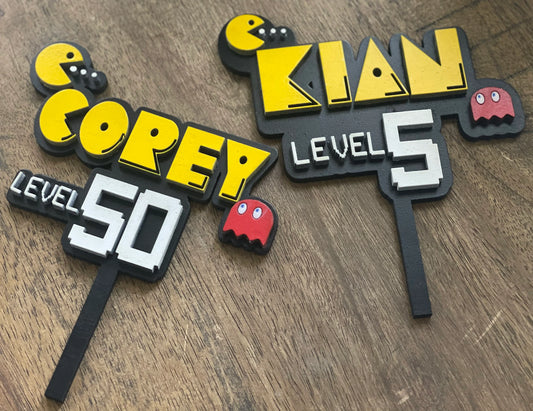 Gamer Cake Topper - Pacman Inspired Cake Topper - Retro Gamer Cake Topper - 3D Cake Topper - Wooden Personalized Cake Topper - 80s Party